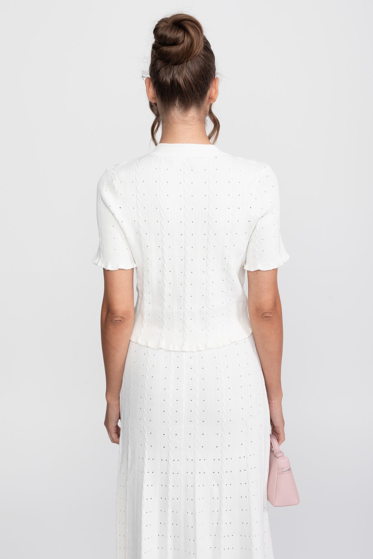 Ribbed Knit Co-Ord Set With Buttoned Front Cardigan And Matching Maxi Skirt - White