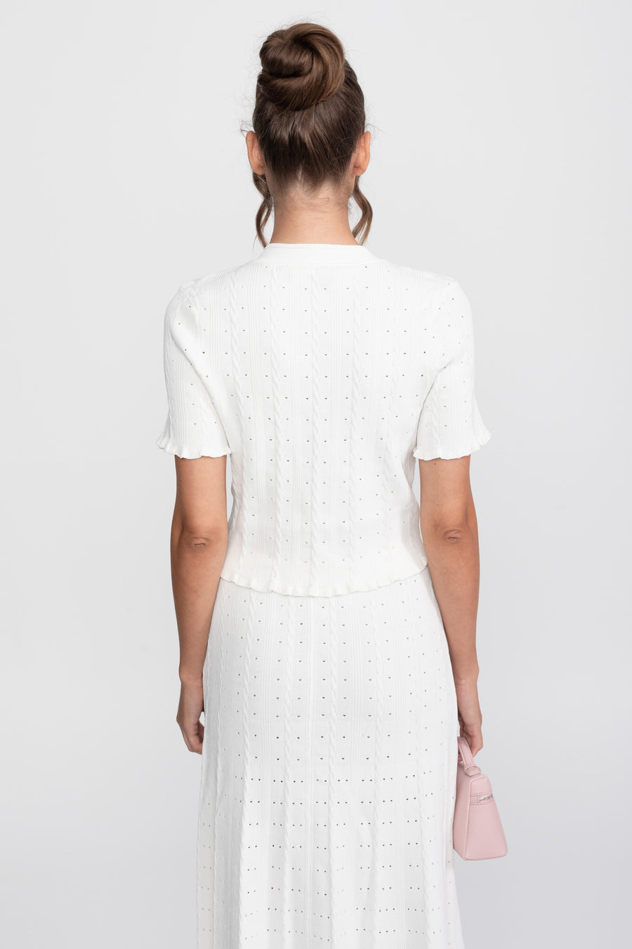 Ribbed Knit Co-Ord Set With Buttoned Front Cardigan And Matching Maxi Skirt - White