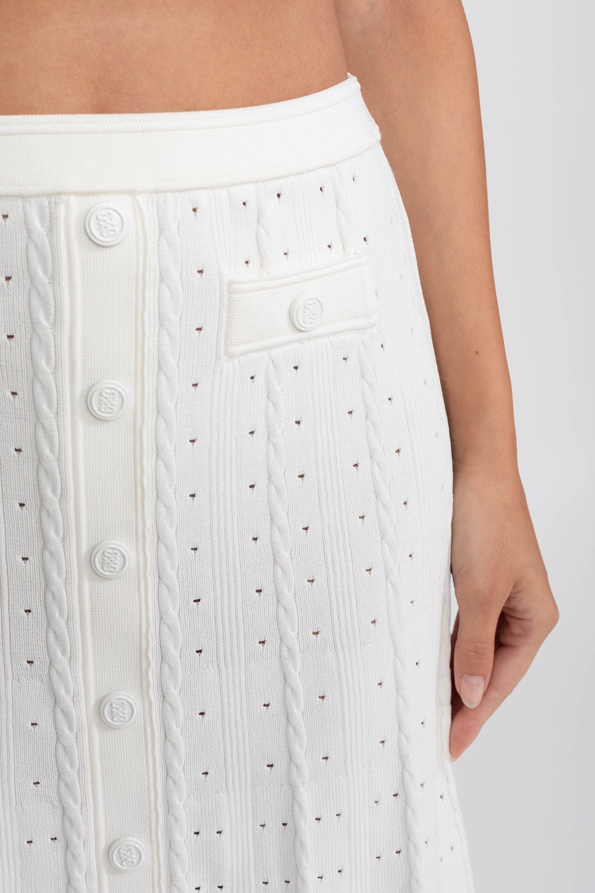 Ribbed Knit Co-Ord Set With Buttoned Front Cardigan And Matching Maxi Skirt - White