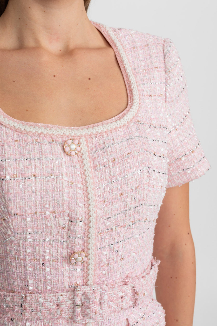 Short Sleeve Tweed Mini Dress With Matching Belt – Blush Pink