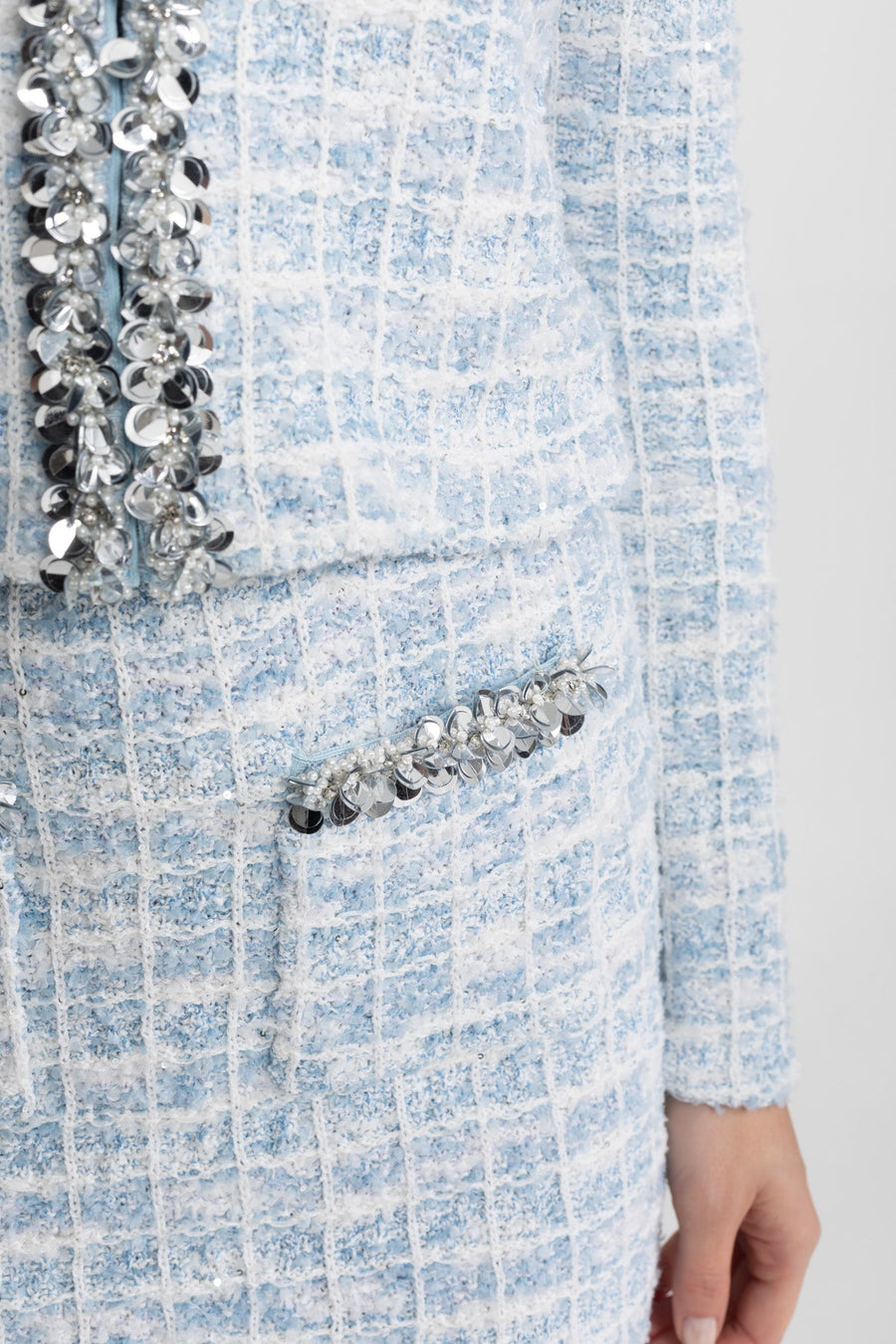 Embellished Tweed Co-Ord Set with Crystal Trim – Light Blue
