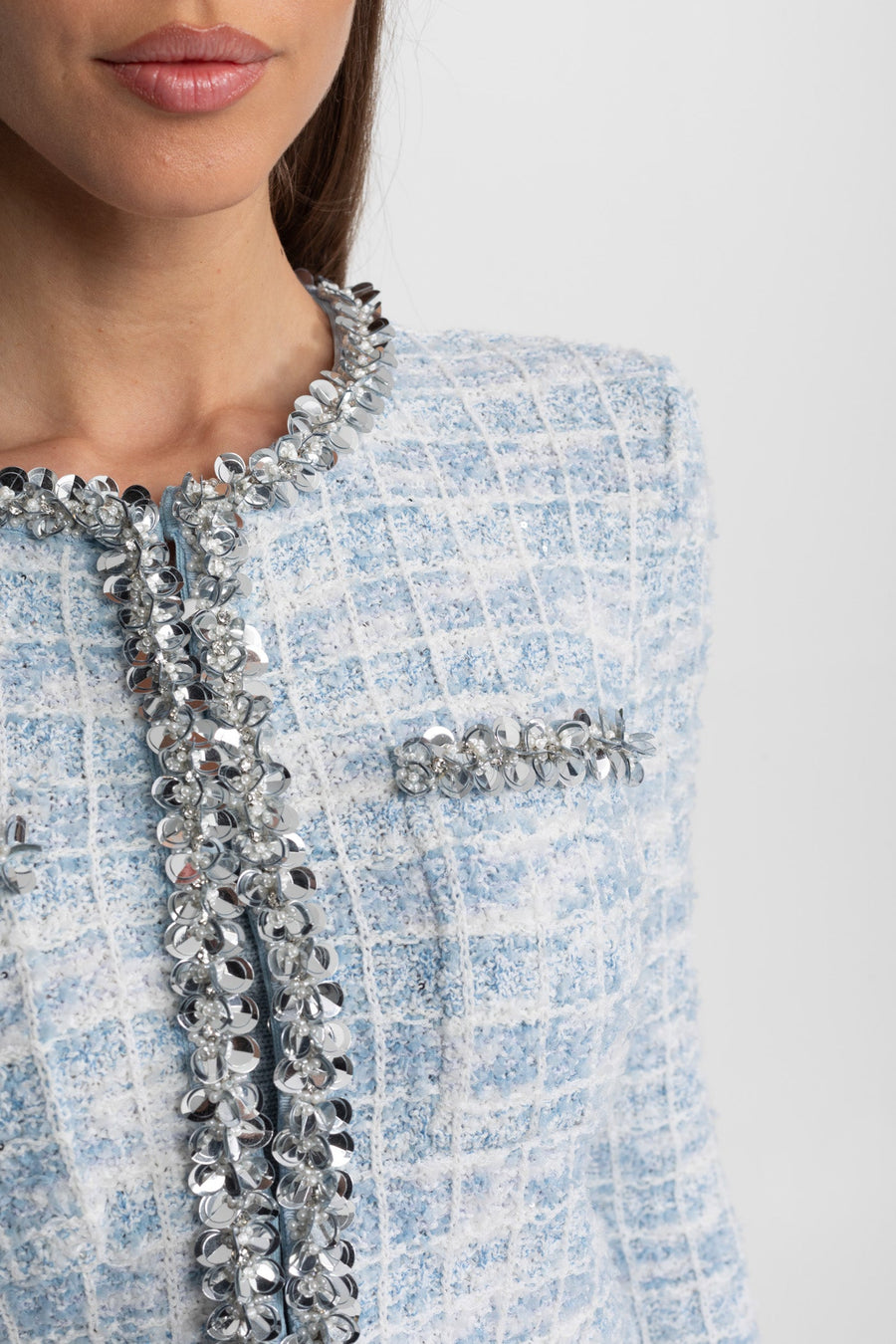 Embellished Tweed Co-Ord Set with Crystal Trim – Light Blue