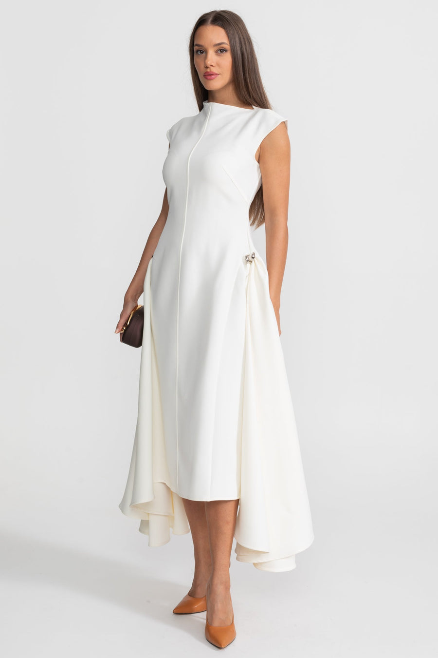 Structured Midi Dress with High-Low Hem and Metal Ring Details - White