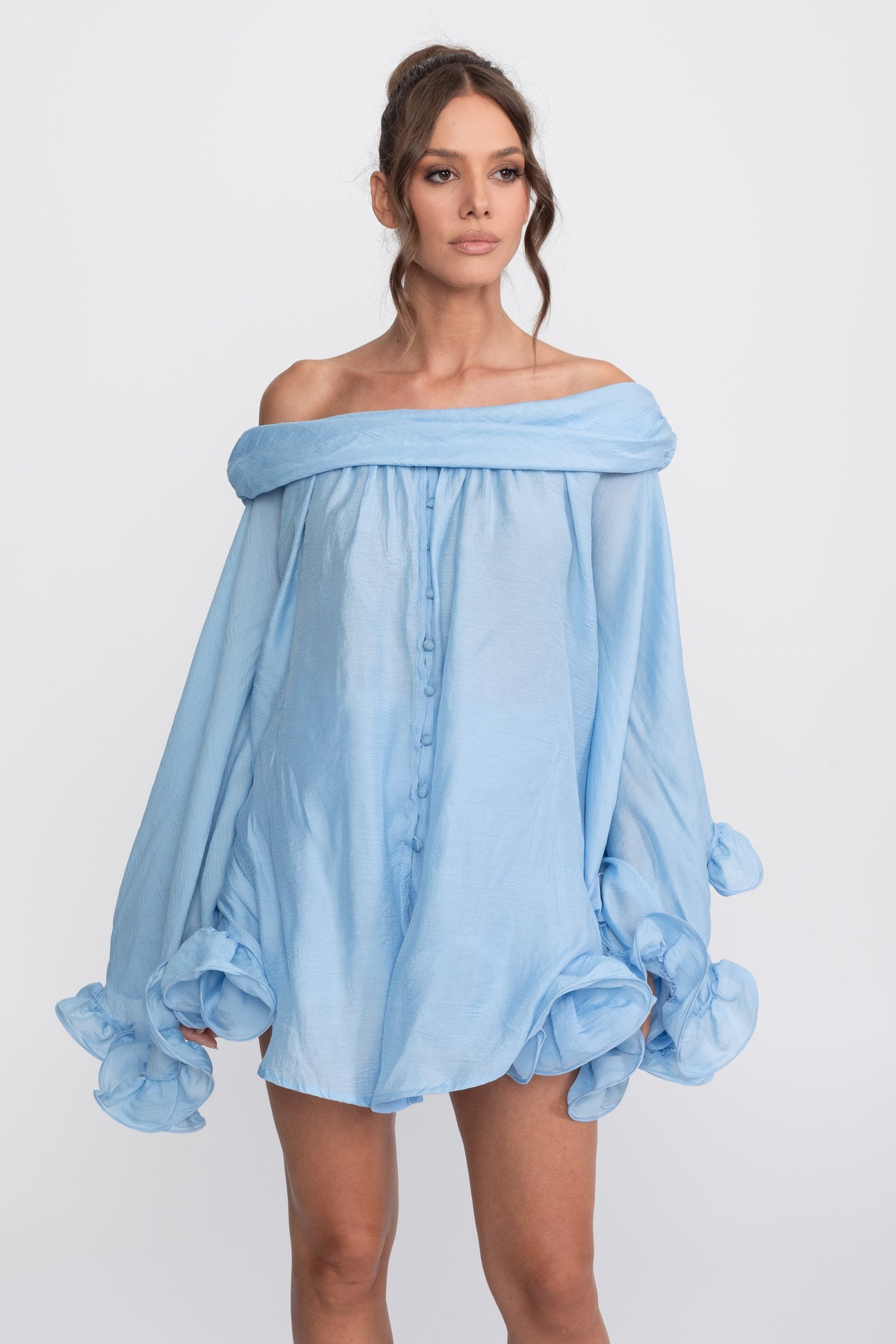 Off-Shoulder Ruffle Hem Co-Ord With Long Sleeves Shirt and Mini Skort - Light Blue