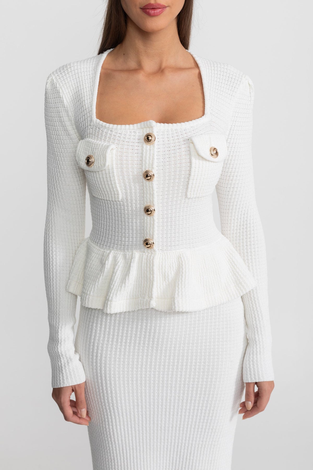 Textured Knit Dress with Peplum Waist and Gold Buttons - White