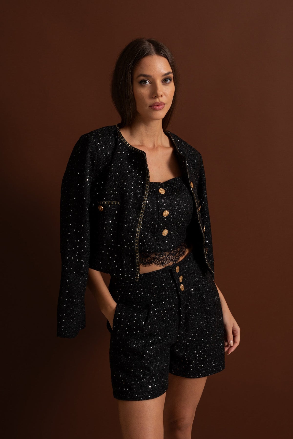 Embellished Co-Ord 3 Piece Set With Cropped Jacket, Lace Trim Top And High-Waist Shorts – Black