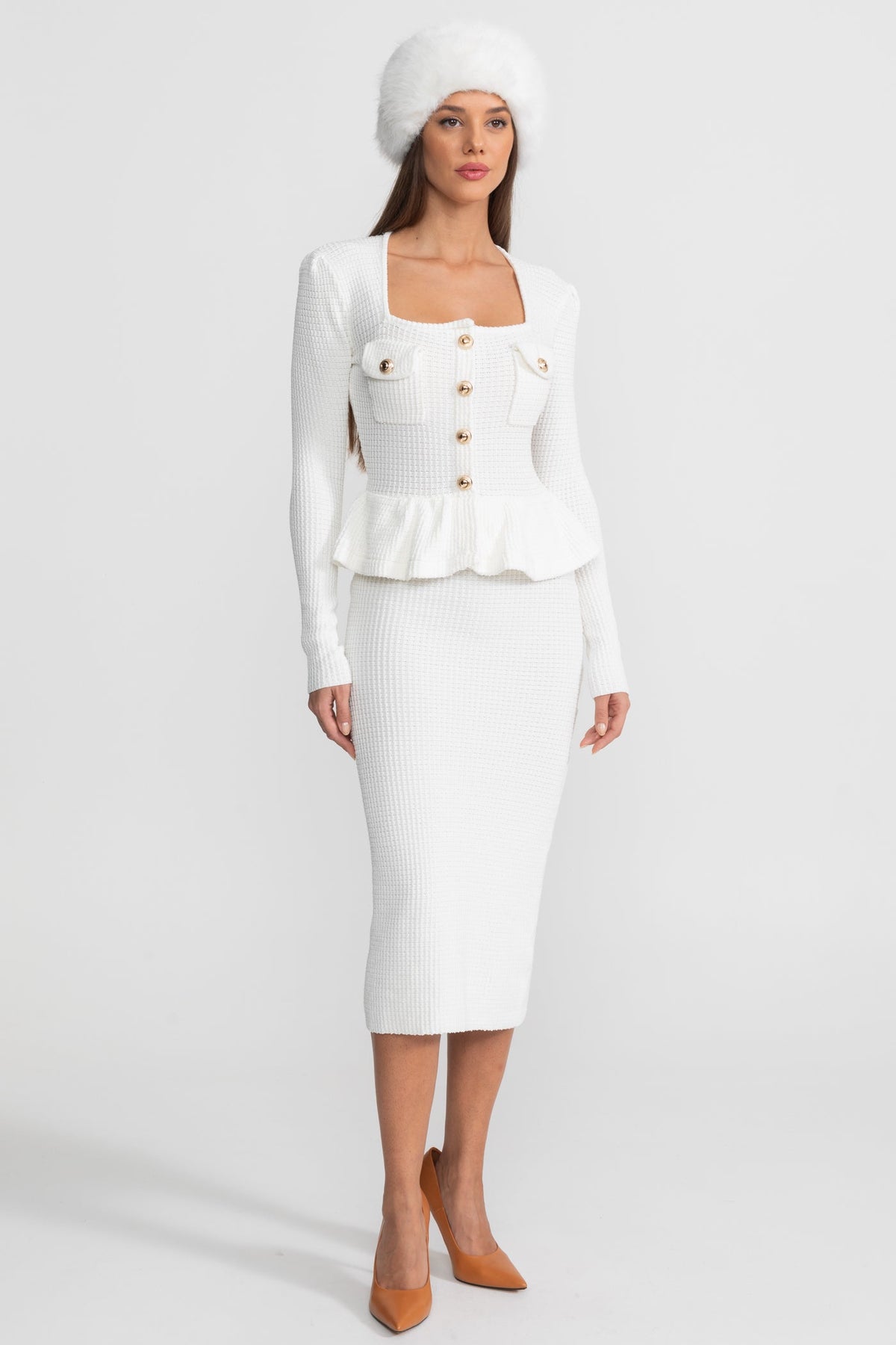 Textured Knit Dress with Peplum Waist and Gold Buttons - White