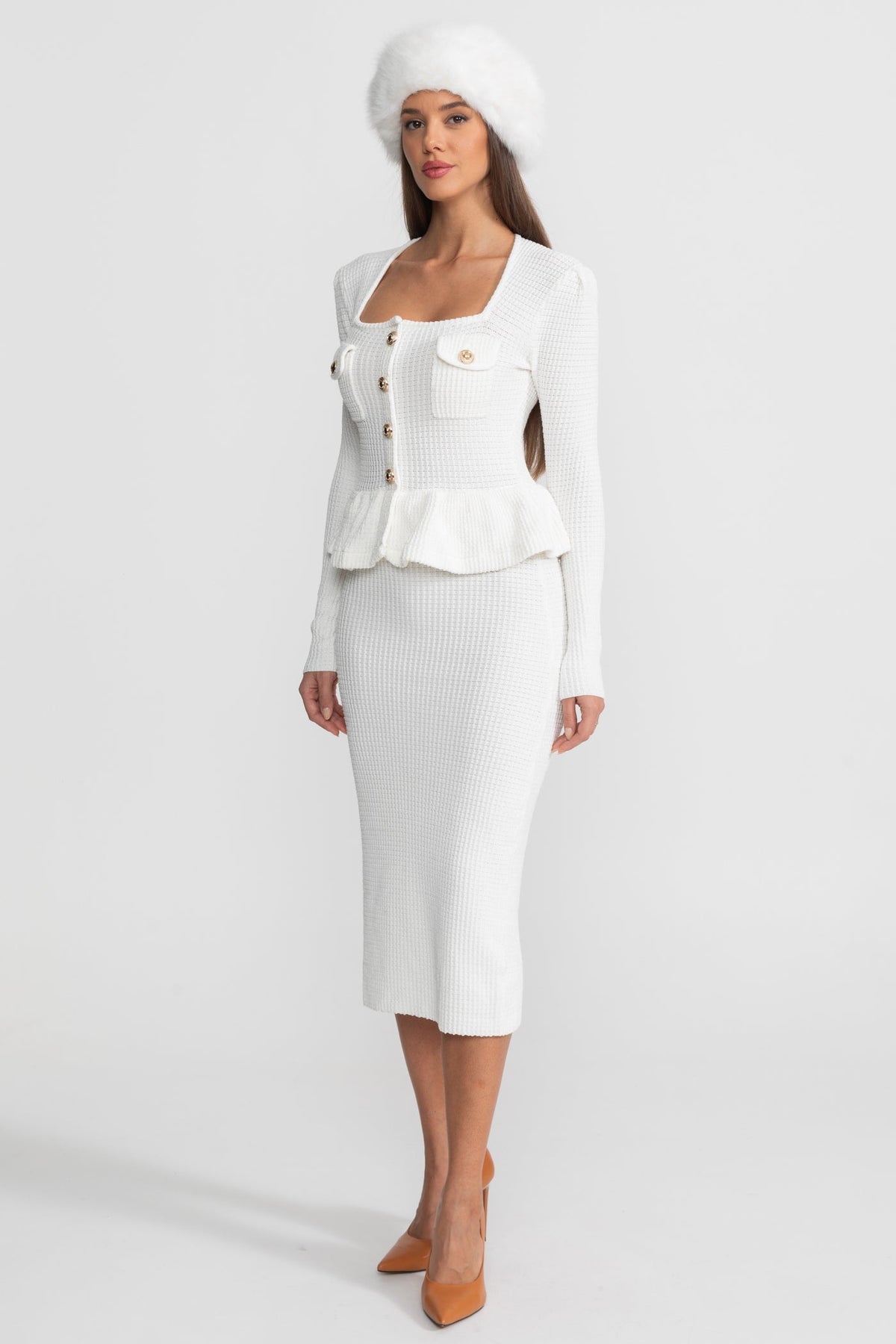 Textured Knit Dress with Peplum Waist and Gold Buttons - White