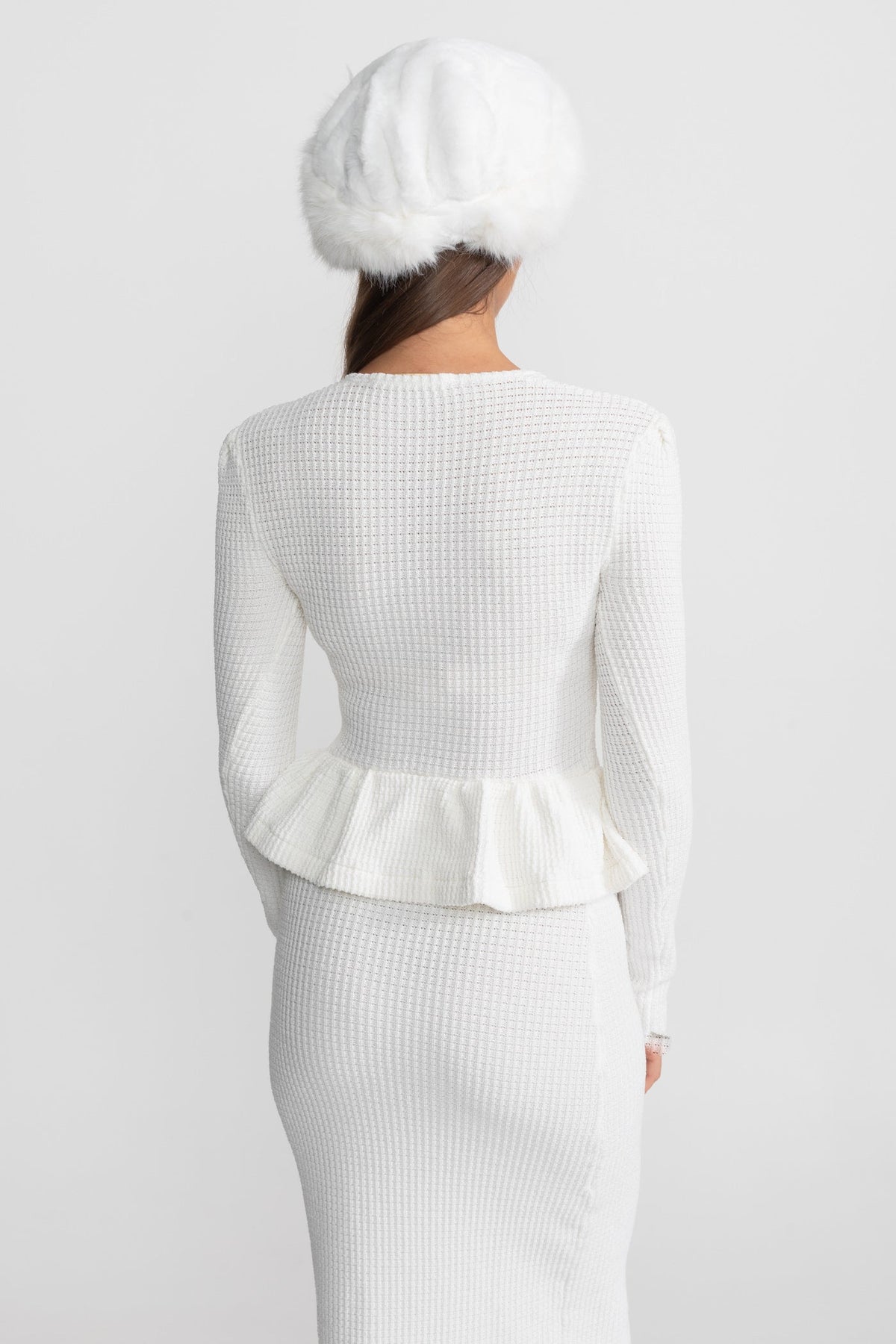 Textured Knit Dress with Peplum Waist and Gold Buttons - White