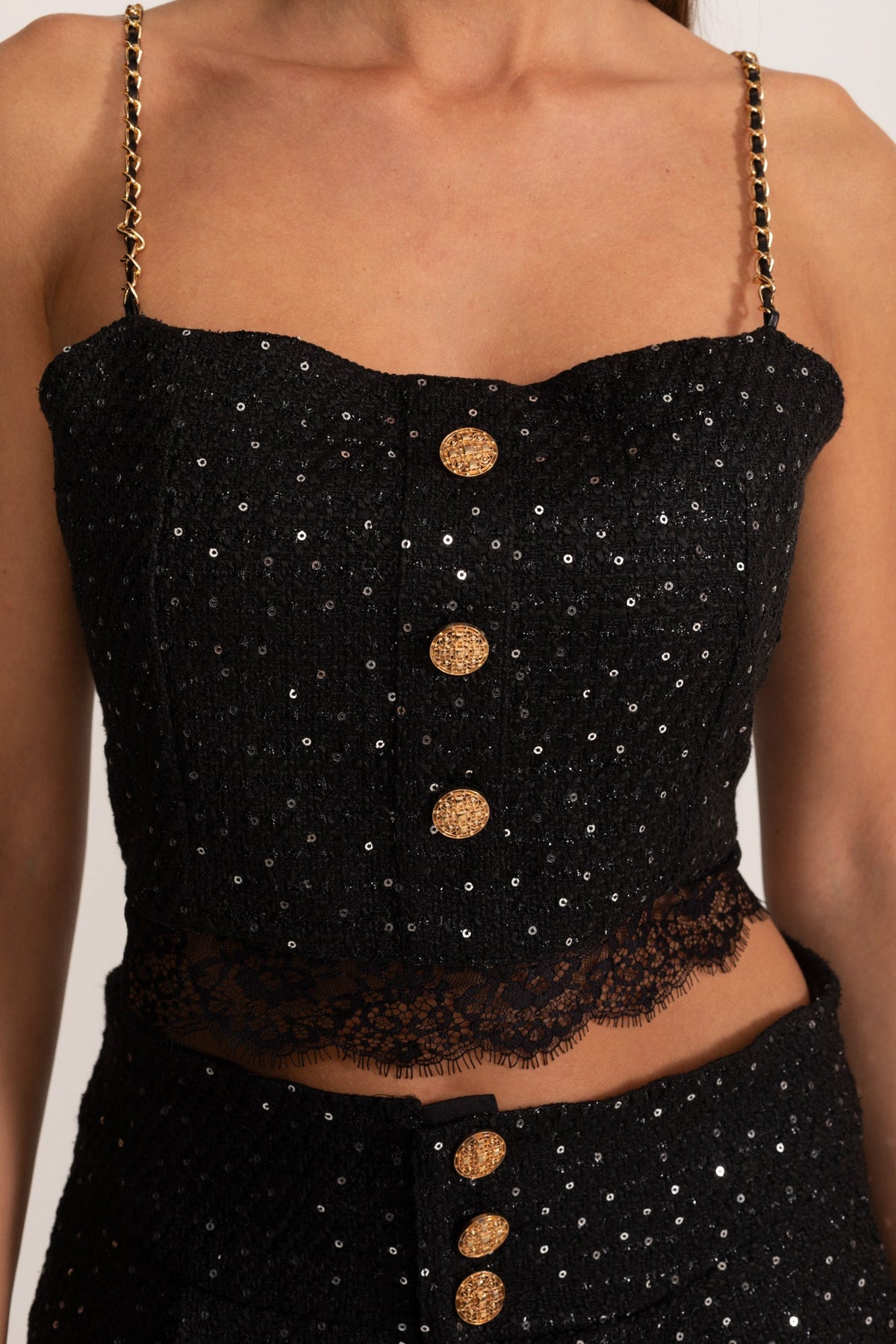 Embellished Co-Ord 3 Piece Set With Cropped Jacket, Lace Trim Top And High-Waist Shorts – Black