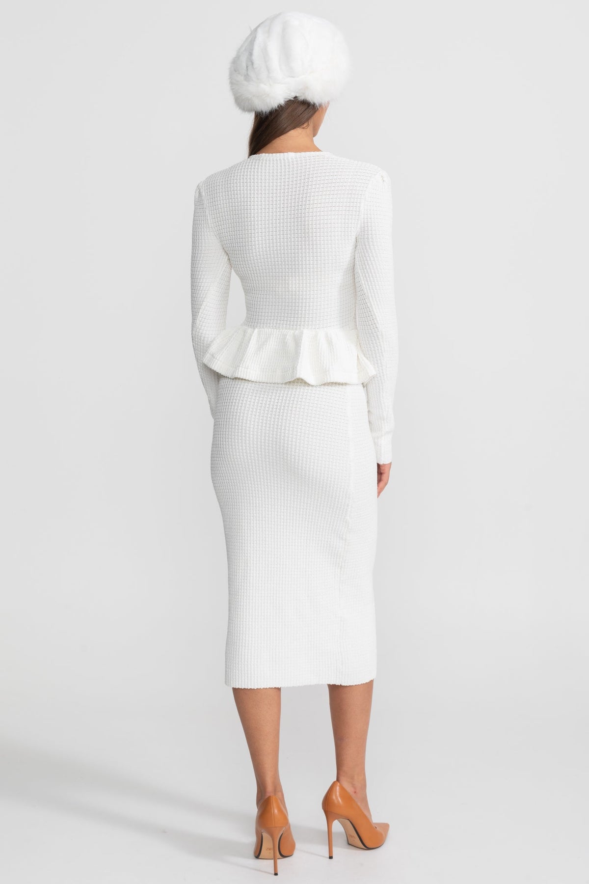 Textured Knit Dress with Peplum Waist and Gold Buttons - White