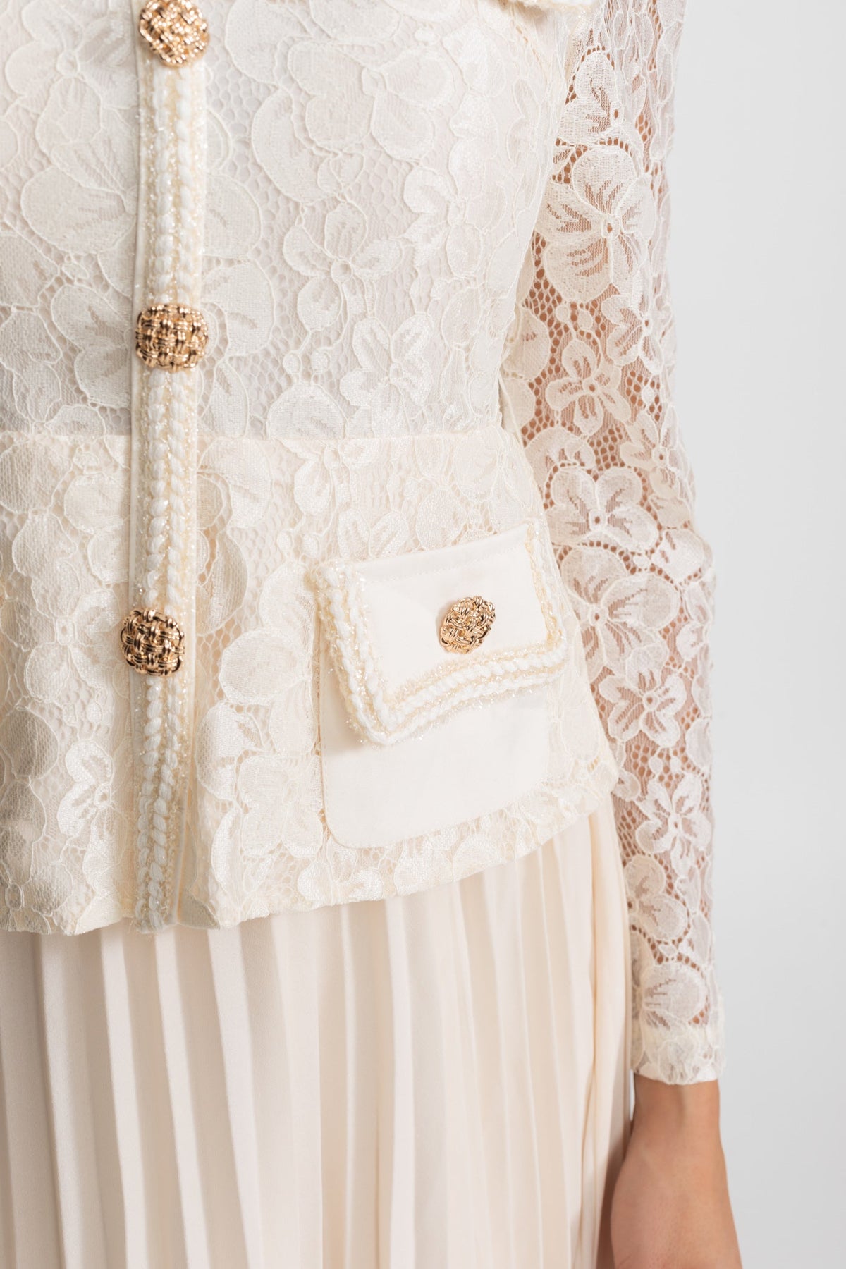 Lace and Pleated Midi Dress with Gold Button Detailing - Ivoire