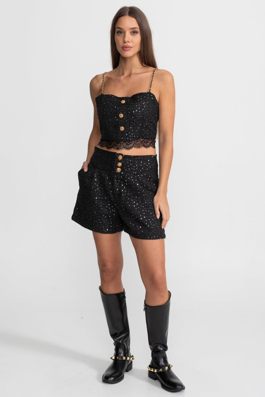 Embellished Co-Ord 3 Piece Set With Cropped Jacket, Lace Trim Top And High-Waist Shorts – Black