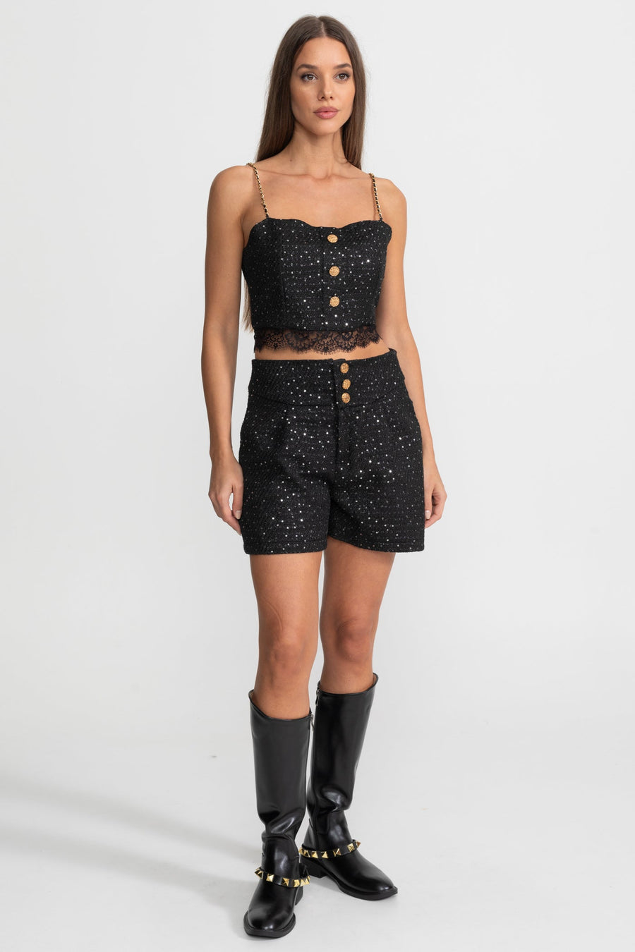 Embellished Co-Ord 3 Piece Set With Cropped Jacket, Lace Trim Top And High-Waist Shorts – Black