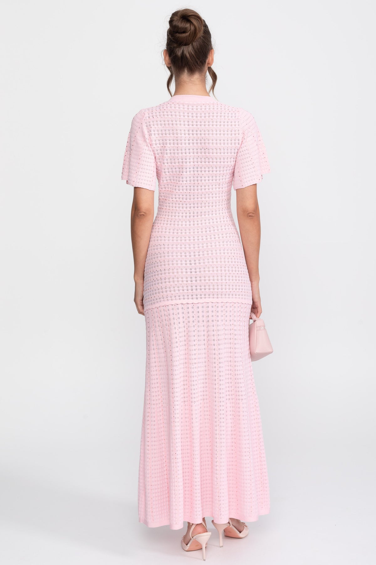 Short Sleeve Midi Dress With Shimmer Knit Texture - Pink