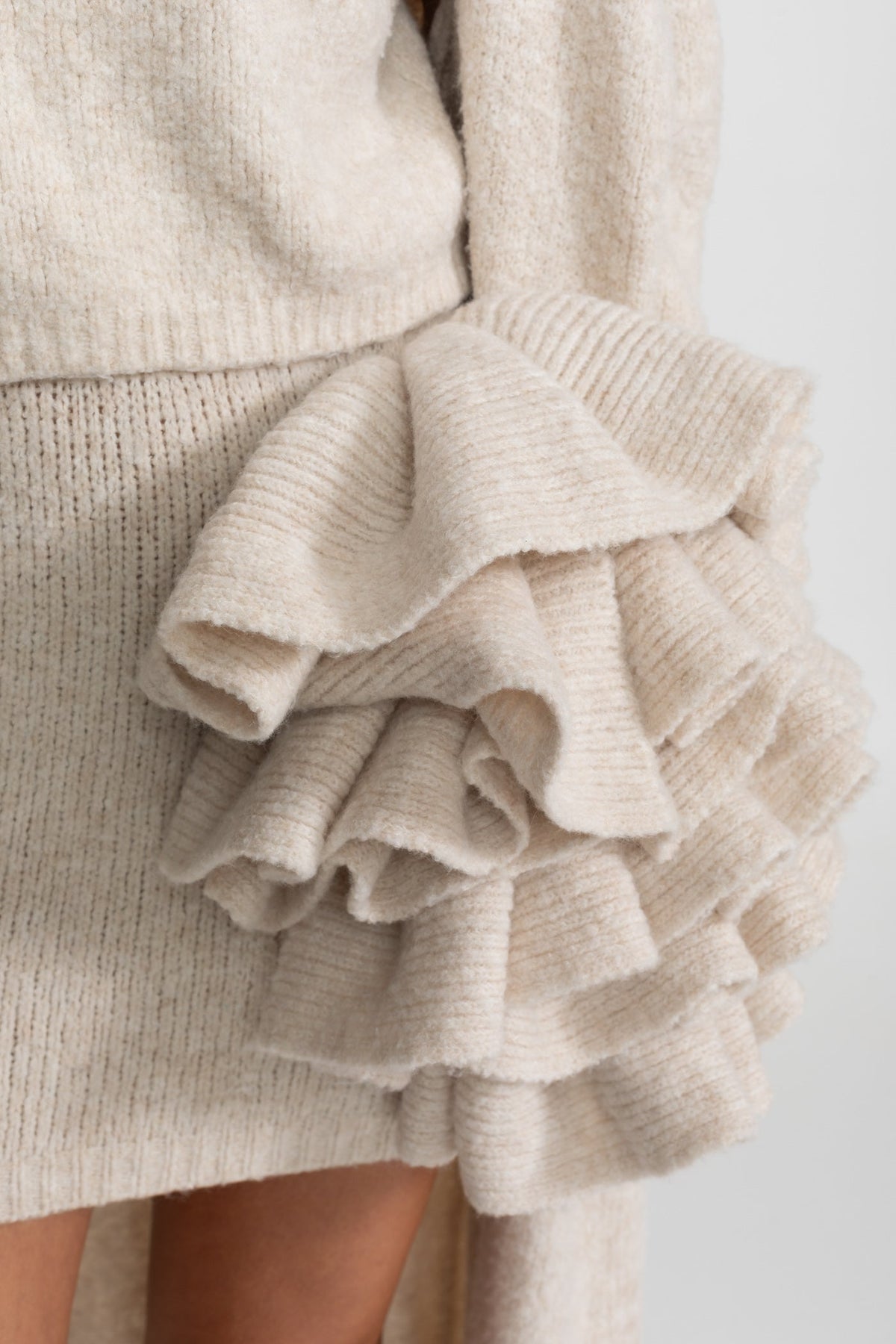 Knitted Three-Piece Set with Sculptural Ruffle Details - Beige