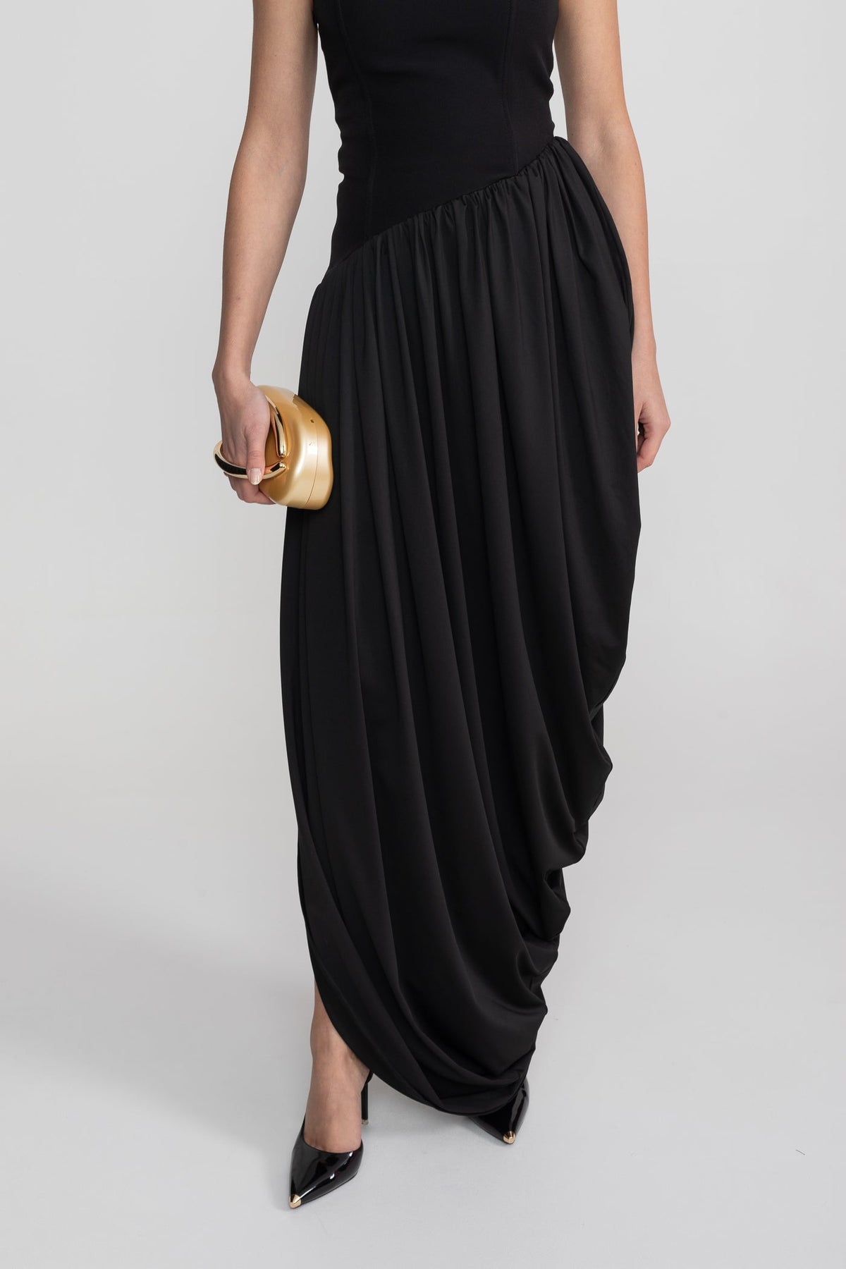 Strapless Maxi Dress With Asymmetric Draped Skirt - Black
