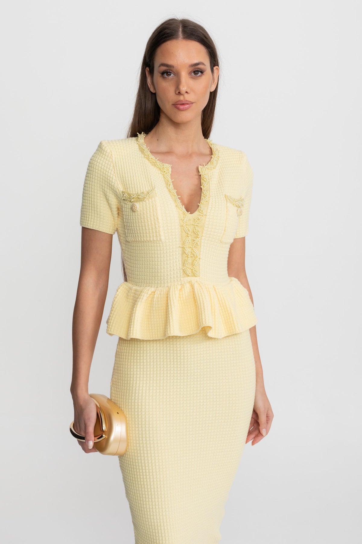 Textured Knit Midi Dress with Peplum Waist Detail – Yellow