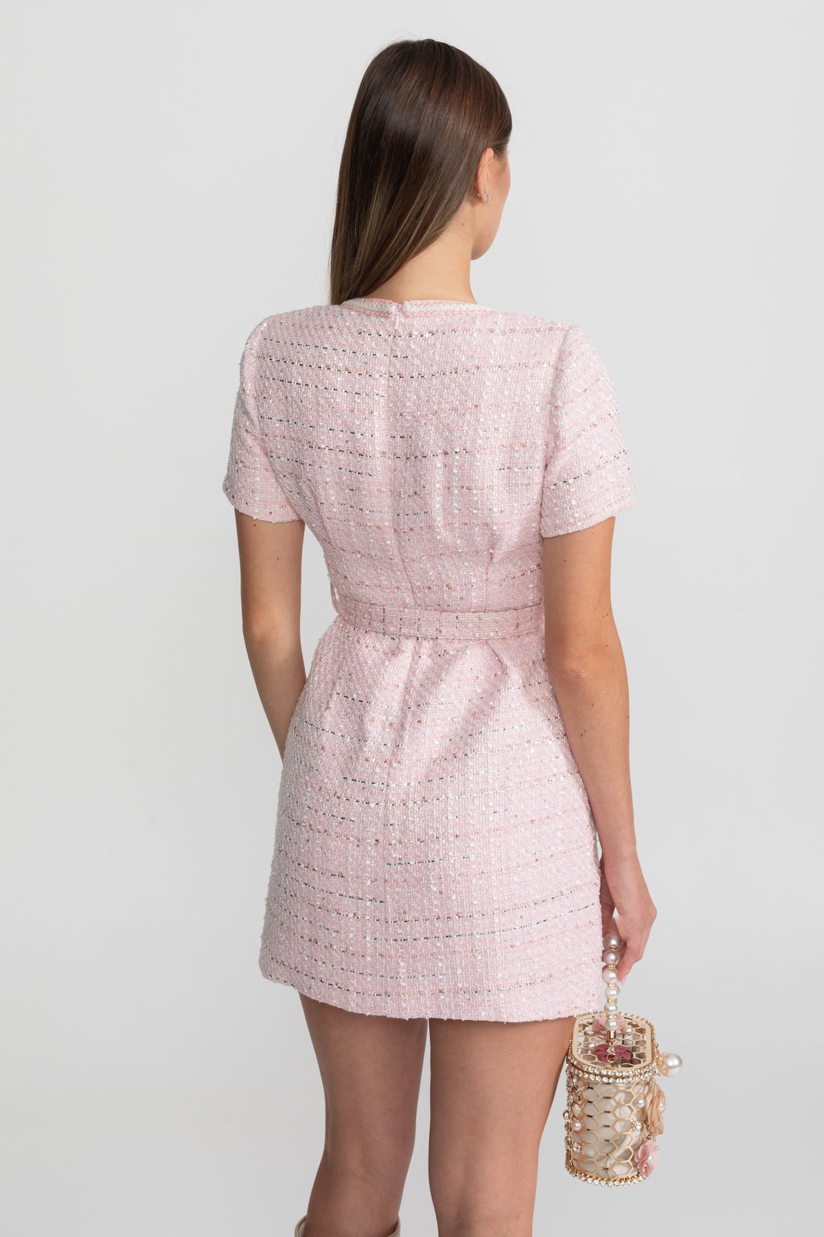Short Sleeve Tweed Mini Dress With Matching Belt – Blush Pink
