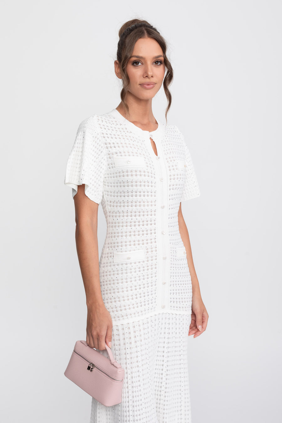 Short Sleeve Midi Dress With Shimmer Knit Texture - White