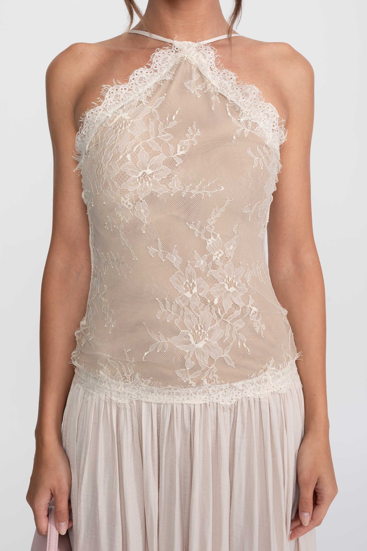 Lace Halter Sleeveless Maxi Dress With Pleated Skirt - Cream