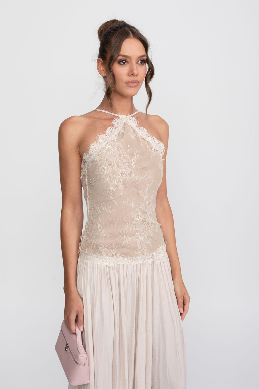 Lace Halter Sleeveless Maxi Dress With Pleated Skirt - Cream
