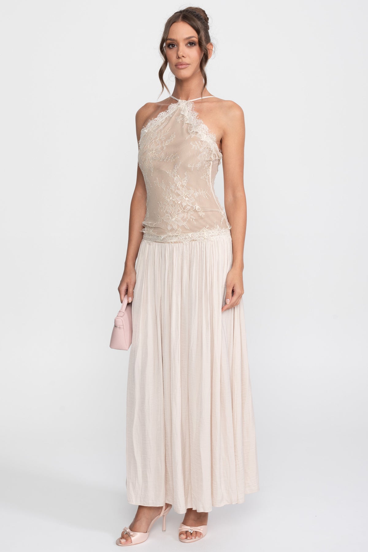 Lace Halter Sleeveless Maxi Dress With Pleated Skirt - Cream