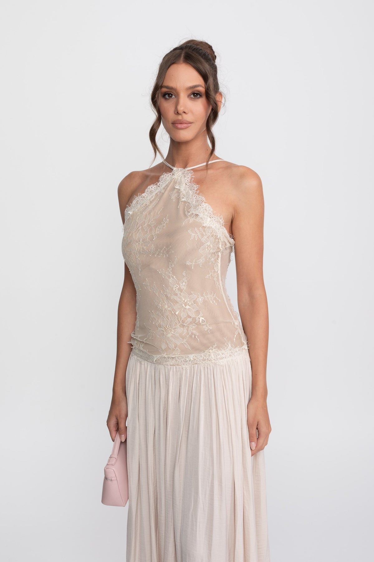 Lace Halter Sleeveless Maxi Dress With Pleated Skirt - Cream