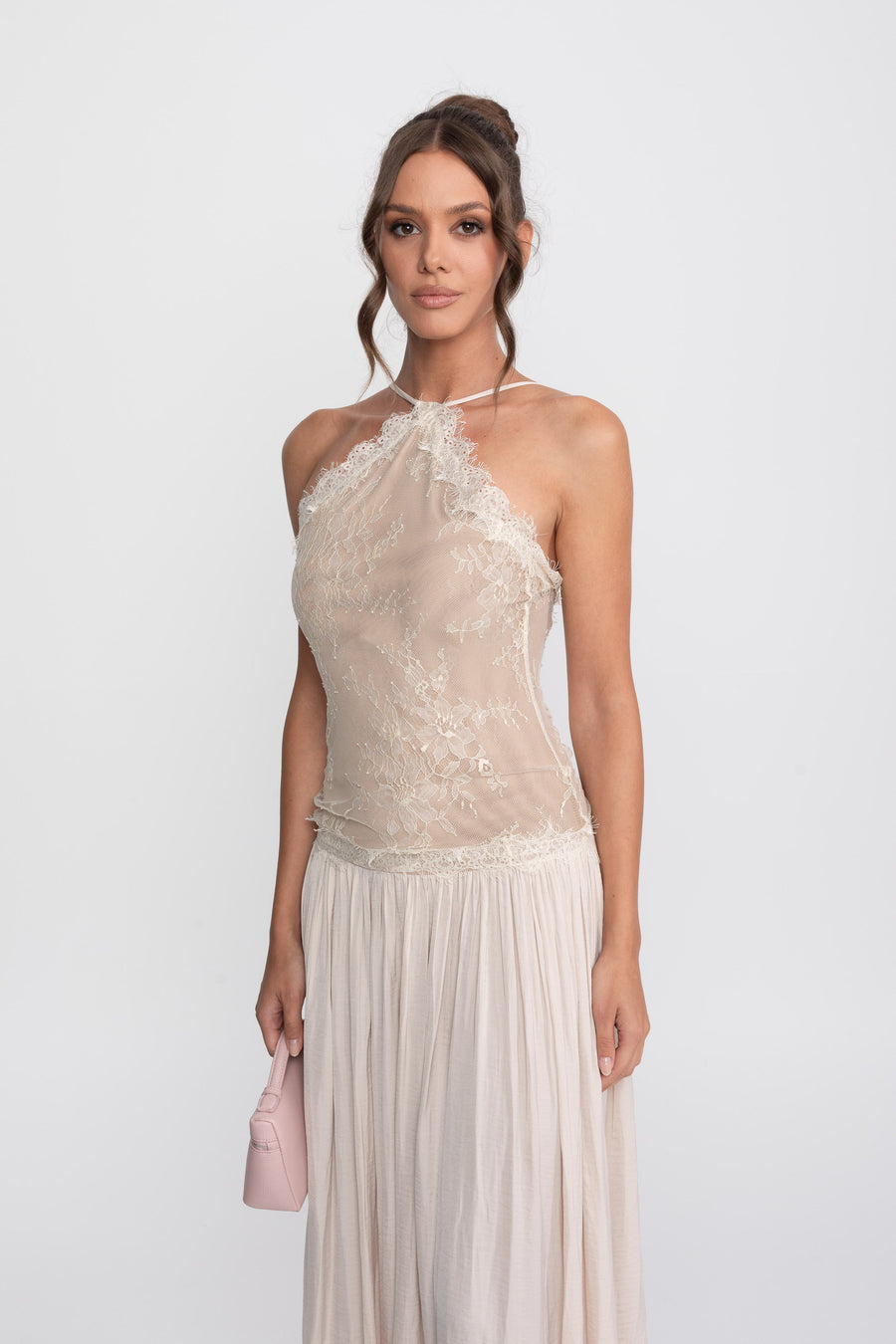 Lace Halter Sleeveless Maxi Dress With Pleated Skirt - Cream