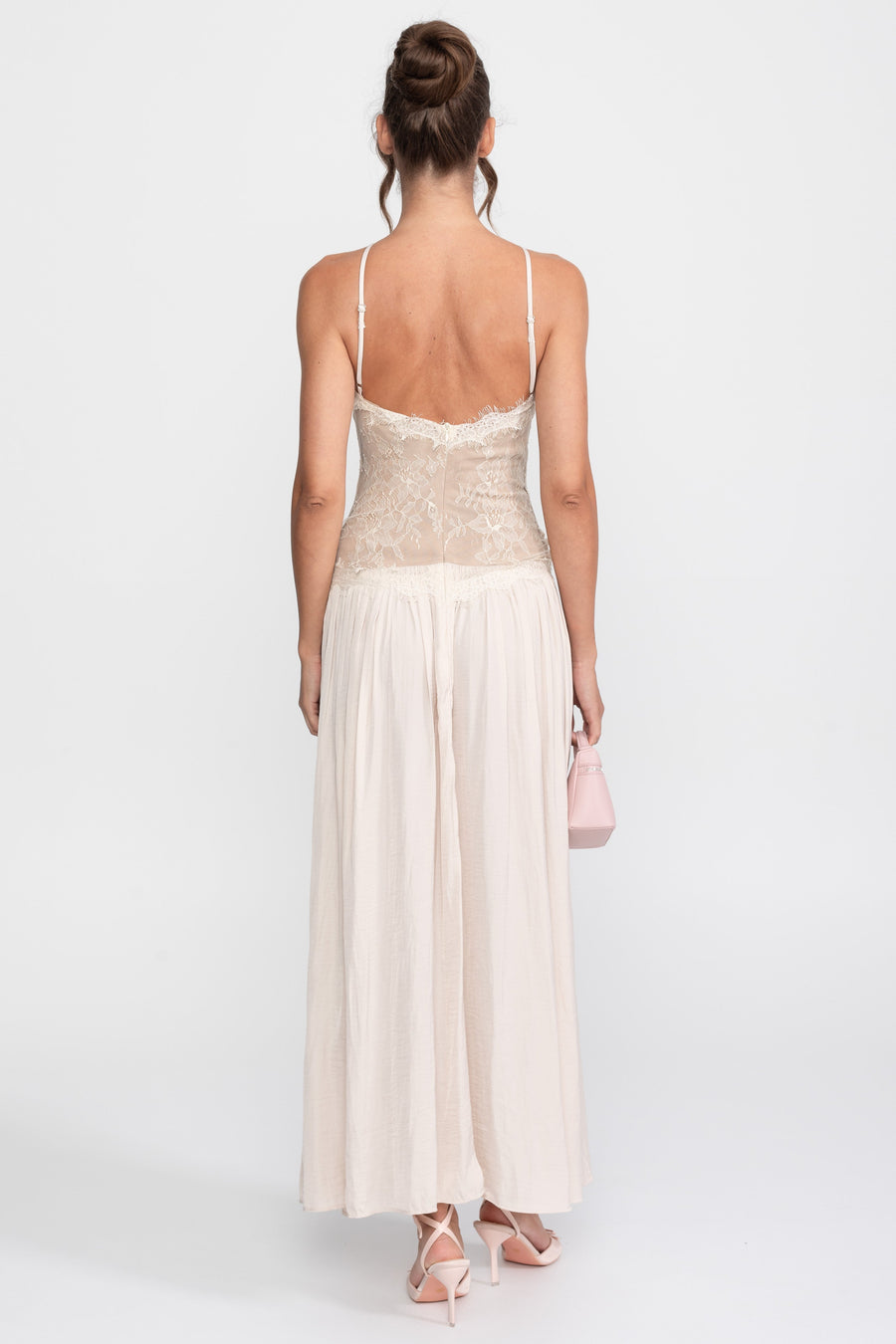 Lace Halter Sleeveless Maxi Dress With Pleated Skirt - Cream