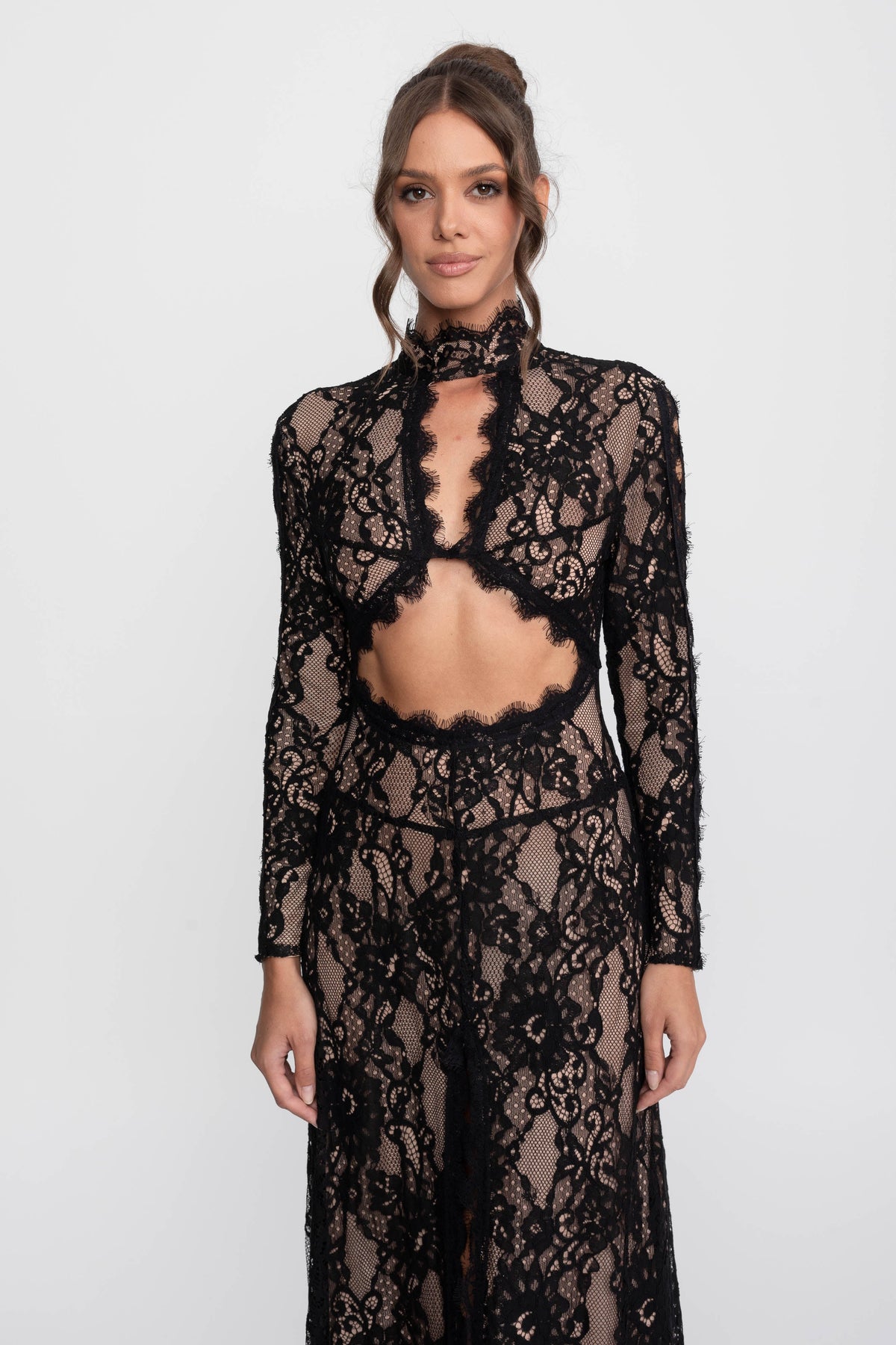 Elegant Lace Gown With High Neck, Front Cutout And Slit - Black