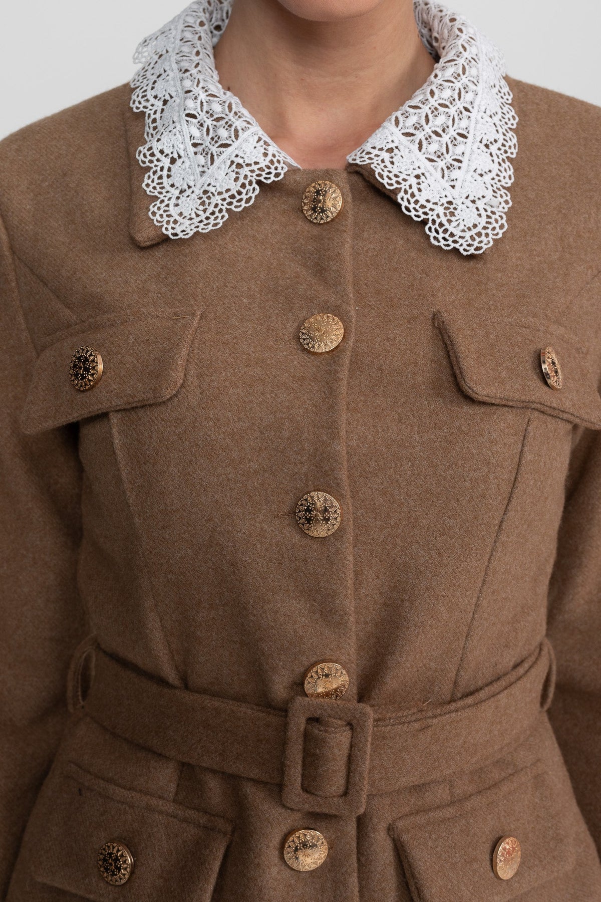 Tailored Co-Ord Set With Lace Trim Detailing - Camel