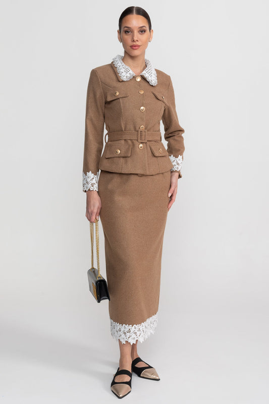 Tailored Co-Ord Set With Lace Trim Detailing - Camel