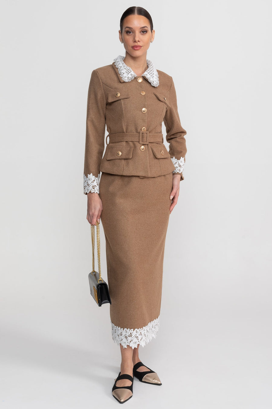 Tailored Co-Ord Set With Lace Trim Detailing - Camel