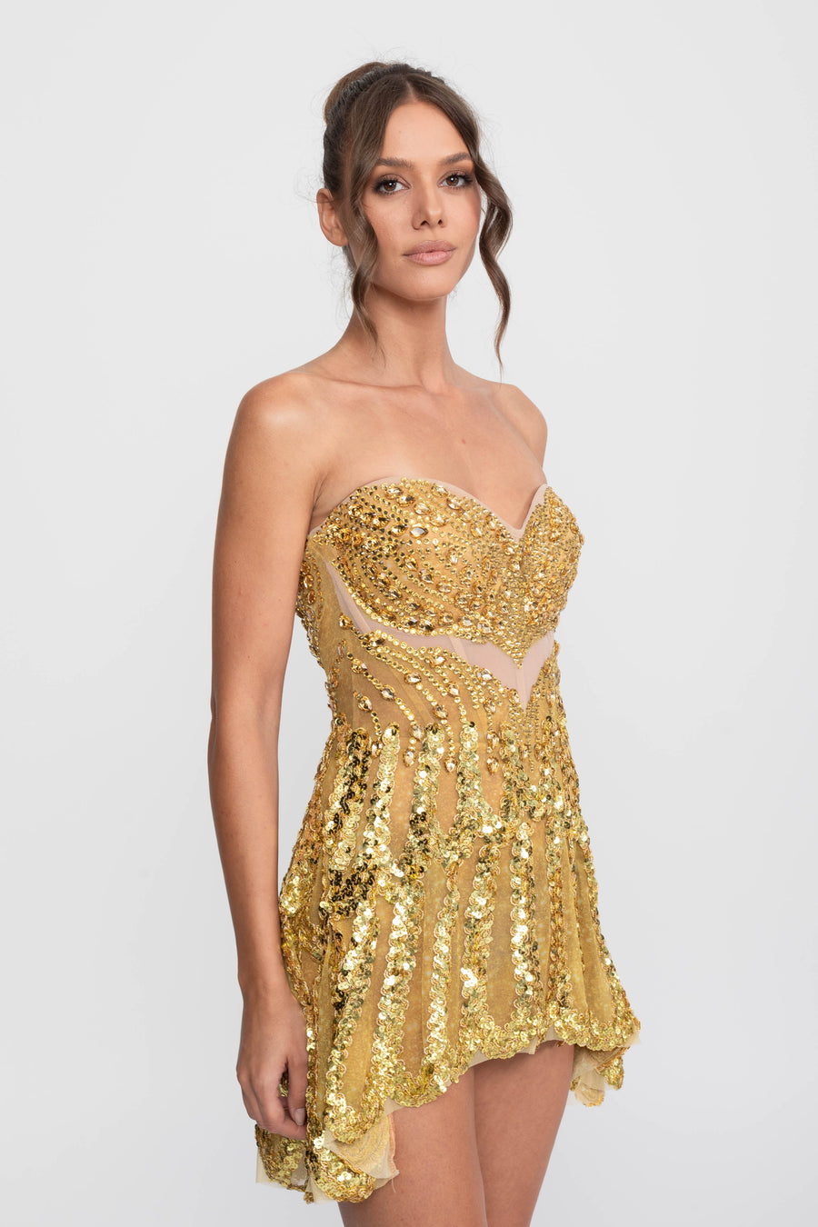Jeweled Fit-and-Flare Mini Dress With Sweetheart Neckline  - Gold