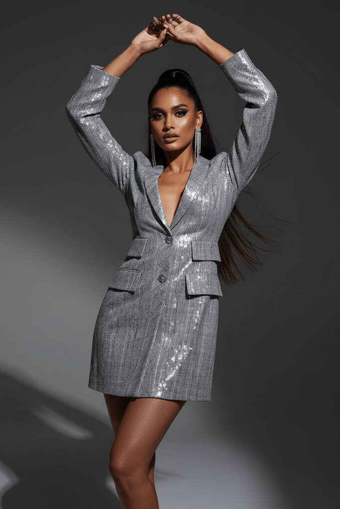Sequin Deep-V Tailored Blazer Dress