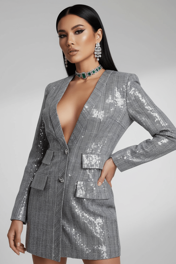Sequin Deep-V Tailored Blazer Dress