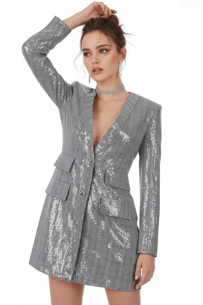 Sequin Deep-V Tailored Blazer Dress