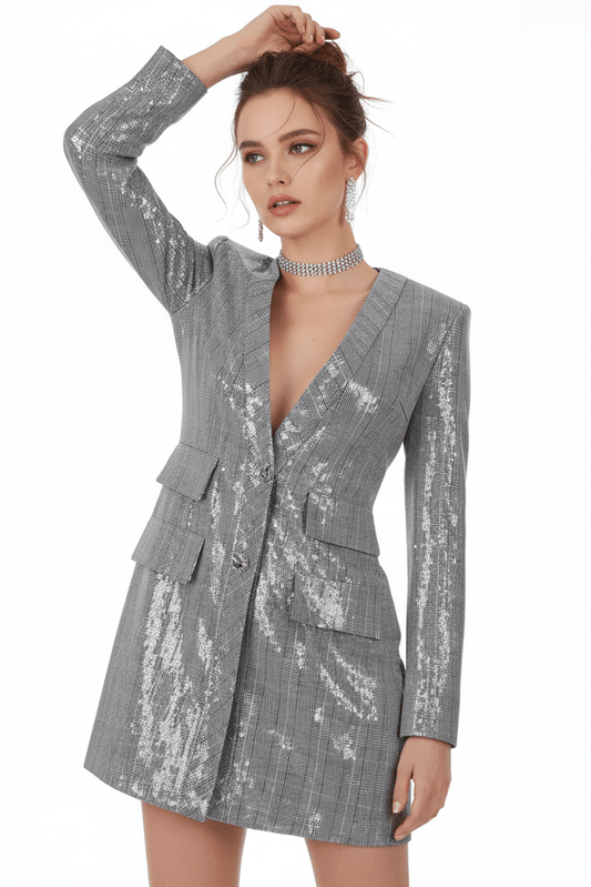 Sequin Deep-V Tailored Blazer Dress