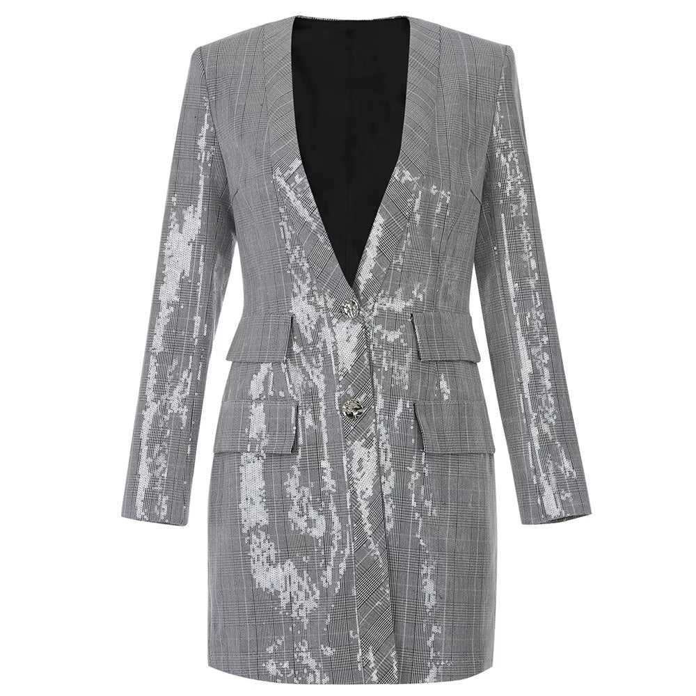 Sequin Deep-V Tailored Blazer Dress