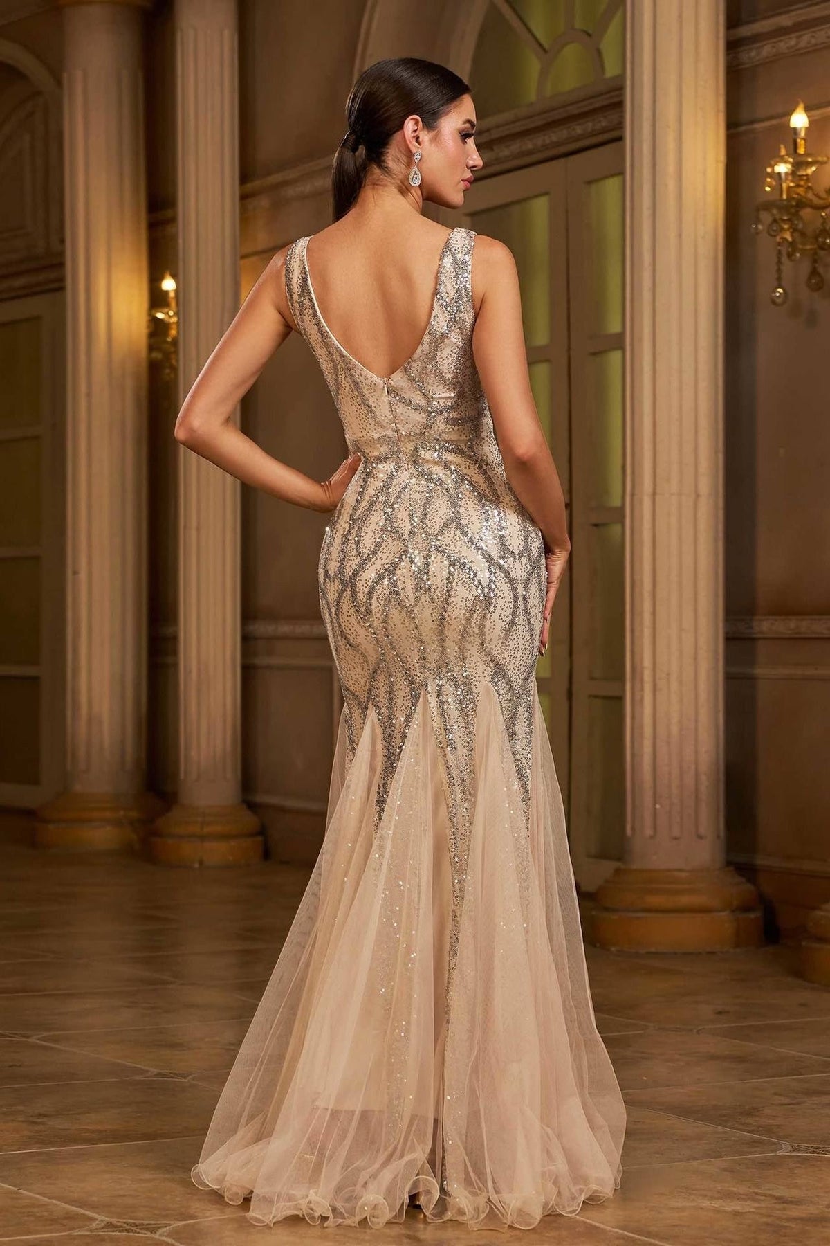 Sequin V-Neck Bodycon Maxi Evening Gown