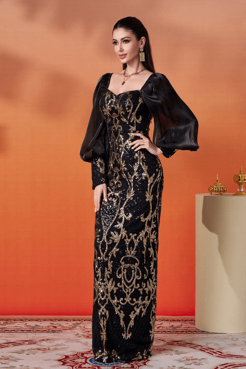 Seraphina Noir Gold Sequin Puff Sleeve Gown