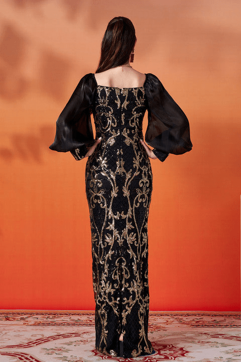 Seraphina Noir Gold Sequin Puff Sleeve Gown