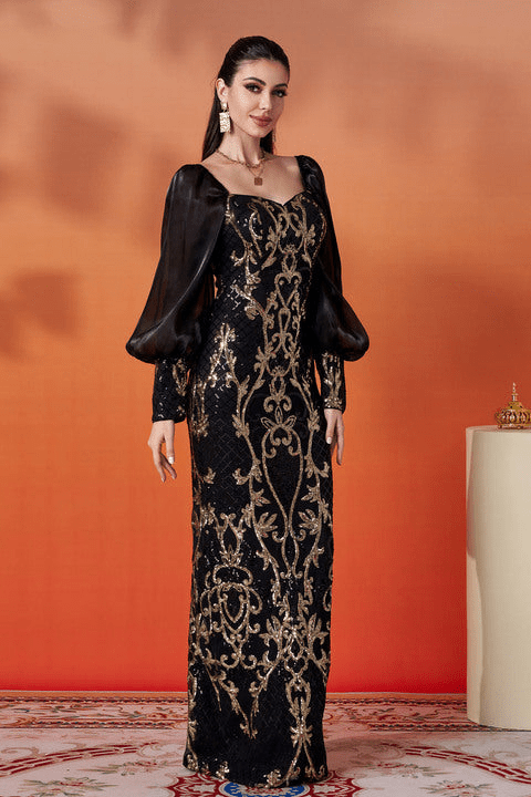 Seraphina Noir Gold Sequin Puff Sleeve Gown