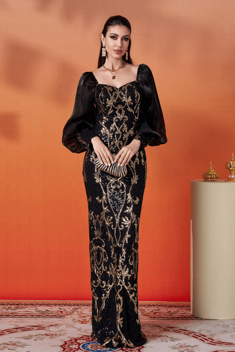 Seraphina Noir Gold Sequin Puff Sleeve Gown