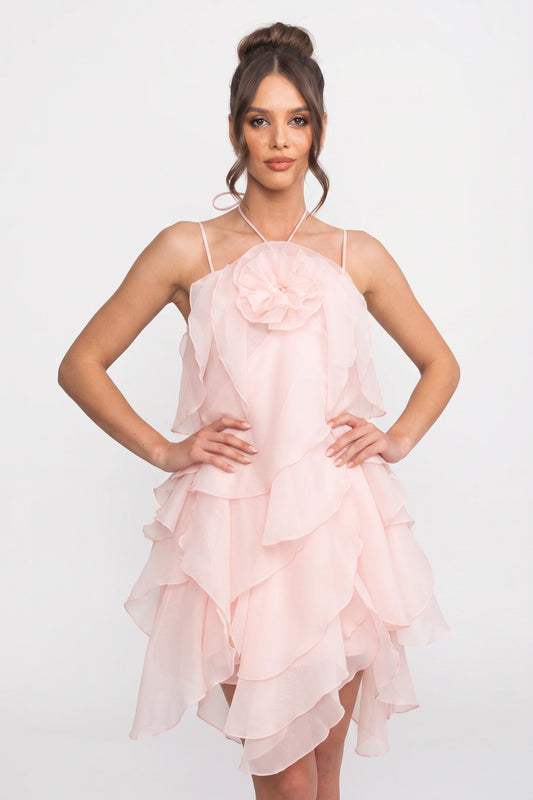 Tiered Ruffle Mini Dress With 3D Floral Halter Neck - Pink