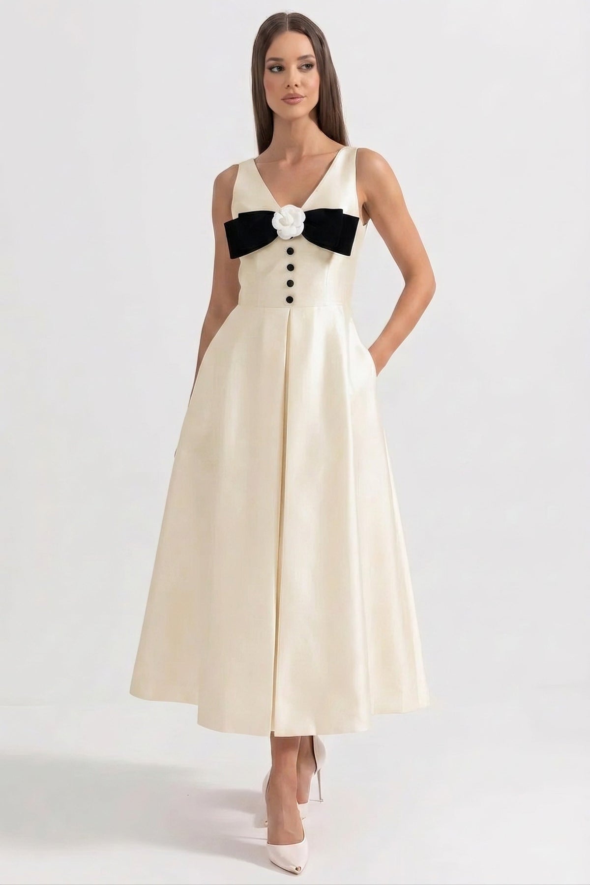 Halter Neck Maxi Dress With Black Bow Bustline And Button Front - Ivories