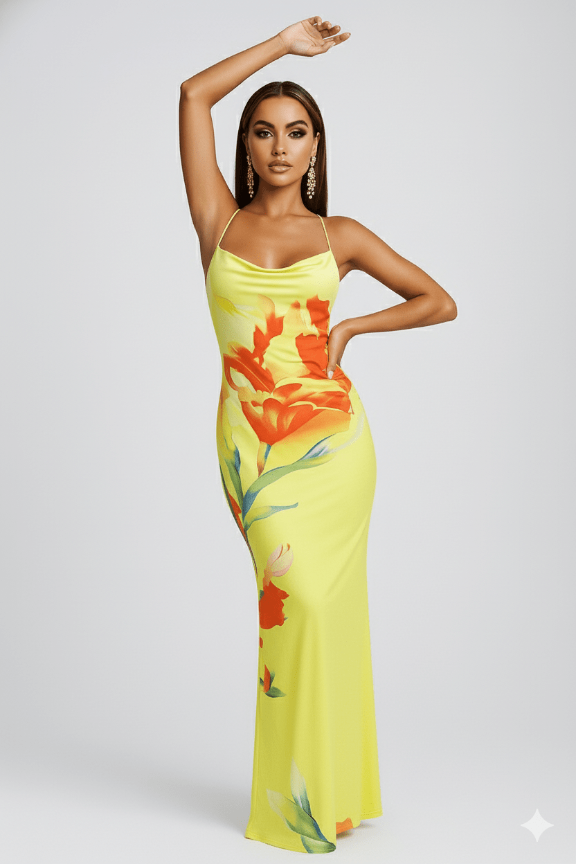 Sunset Bloom Satin Gown