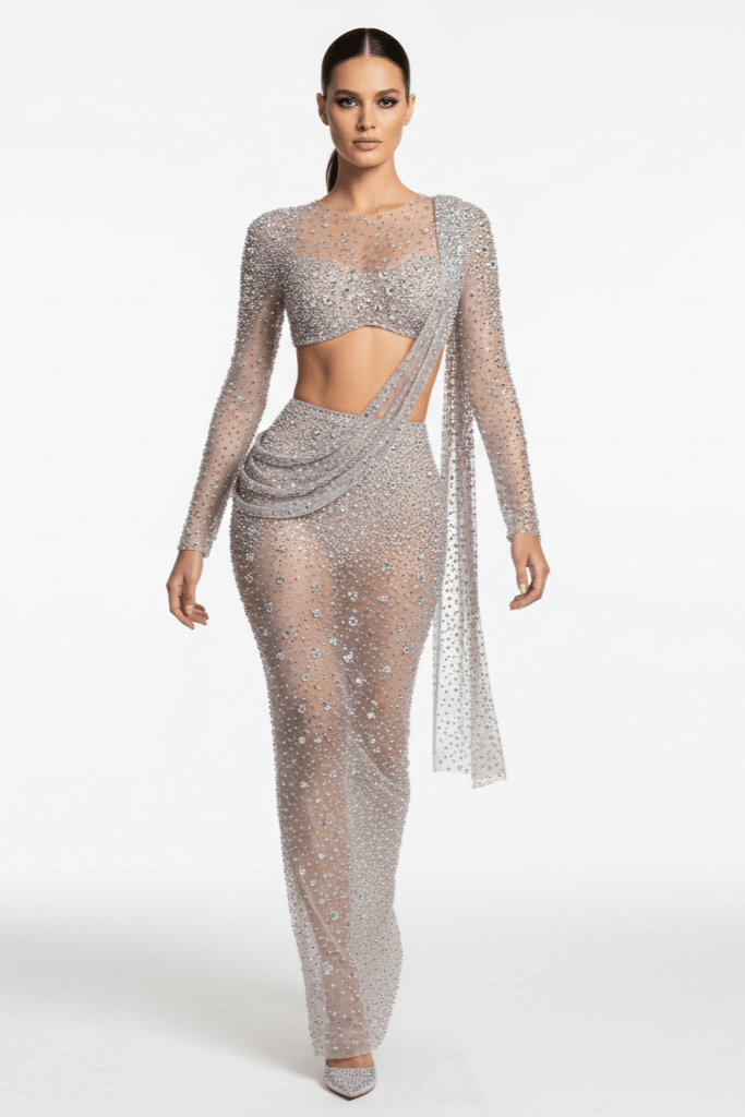 Sylvara Silver Rhinestone Two-Piece Gown