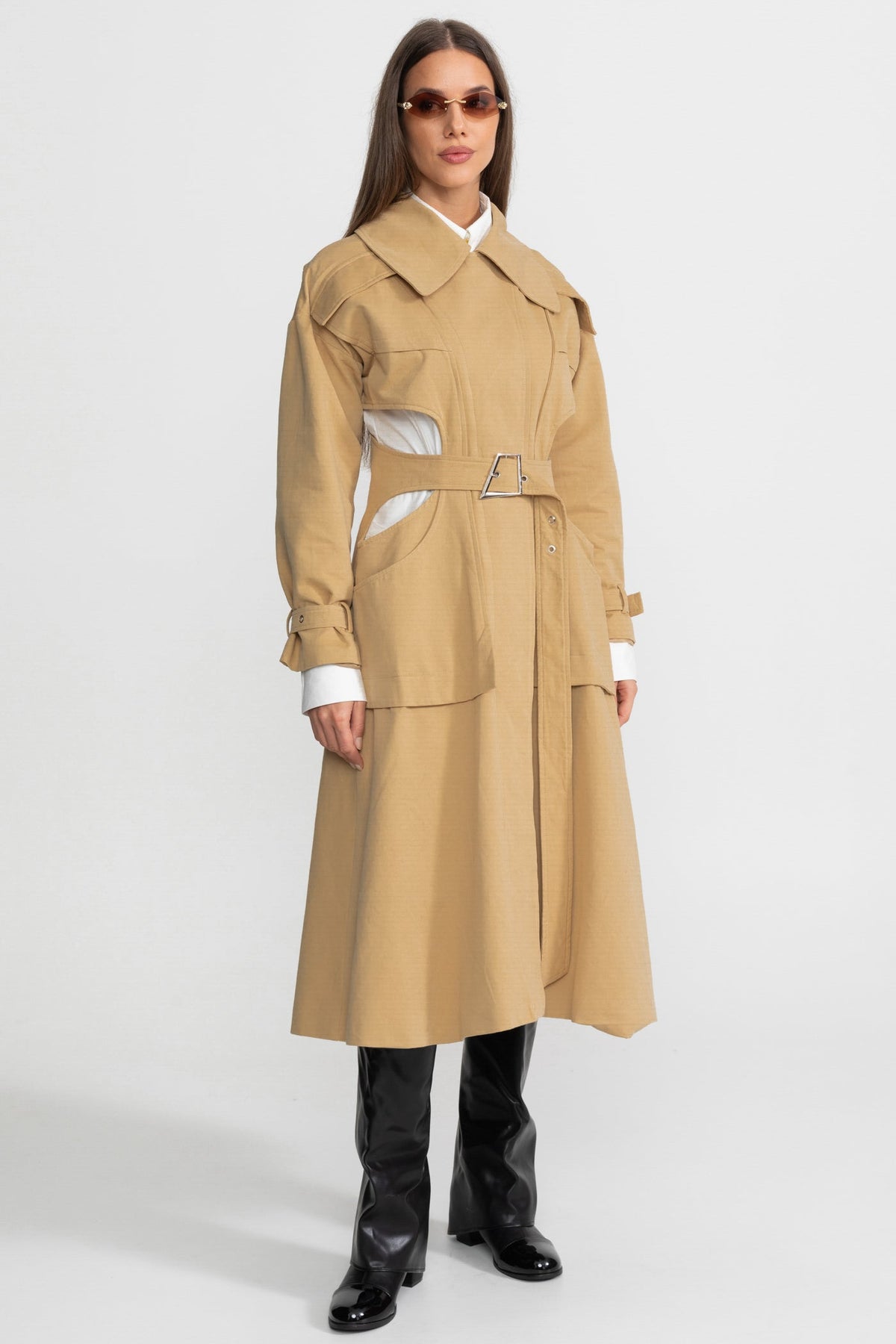 Cutout Trench Coat with Belted Waist and Utility Pockets - Beige